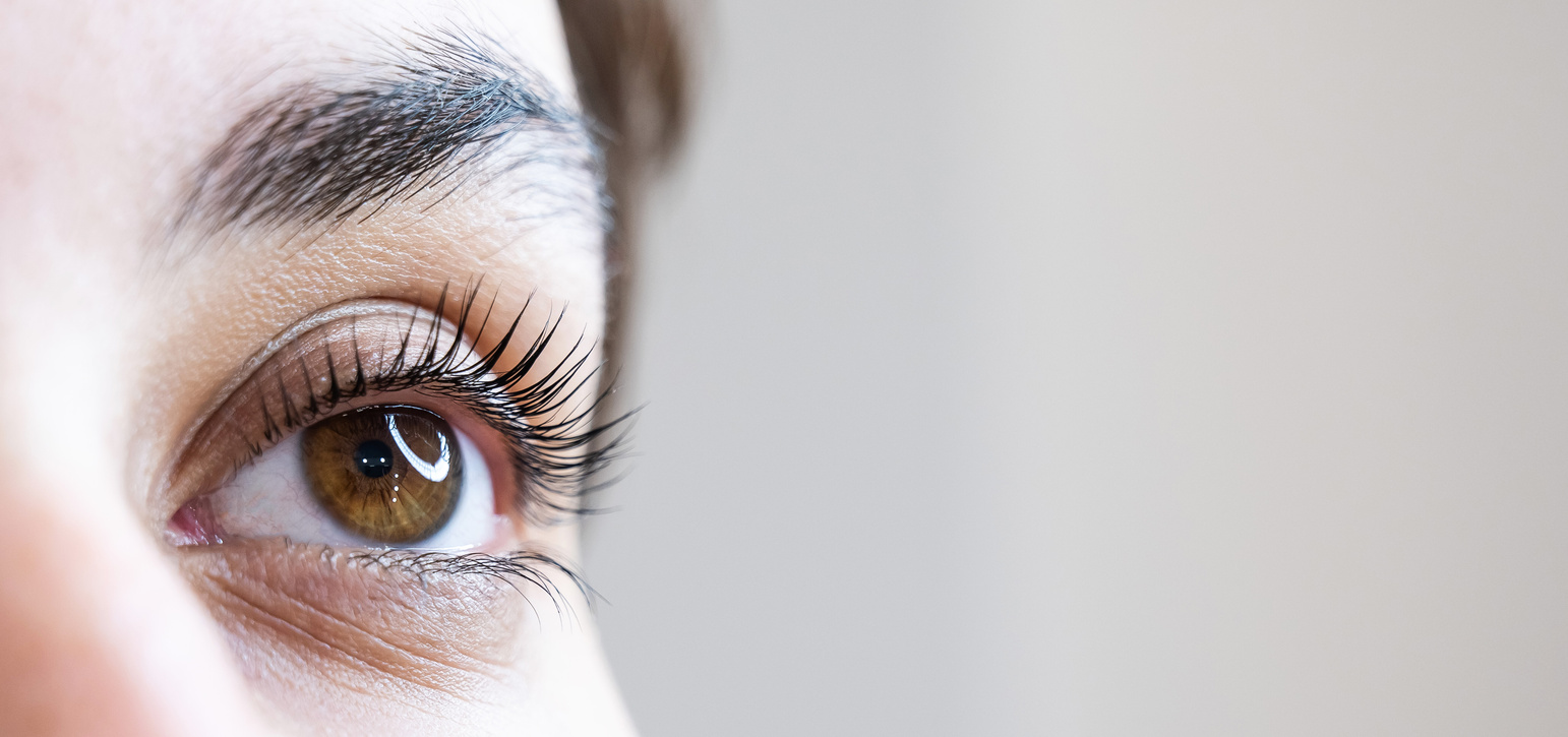 Close-up of a woman's eye after an eyelash lamination procedure.